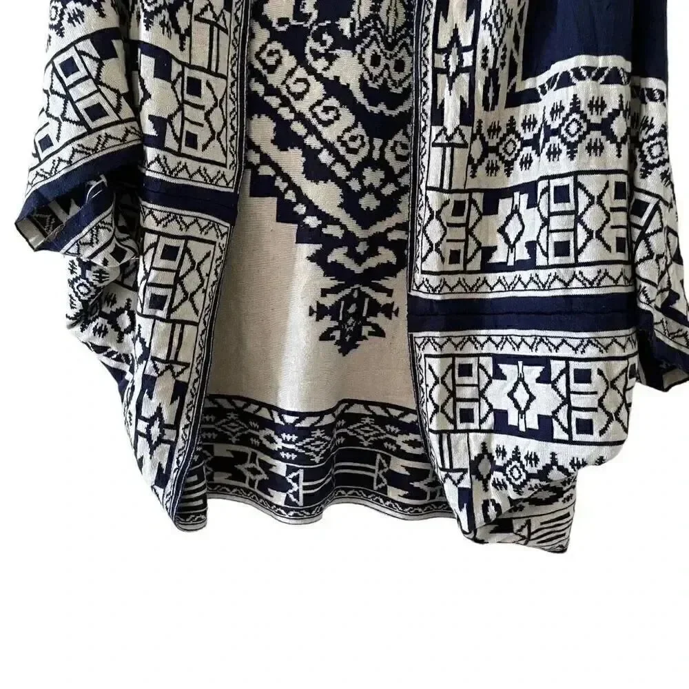 Reversible Shawl Women's Ruana Wrap  Bohemian Navy and Cream  One Size # 1496